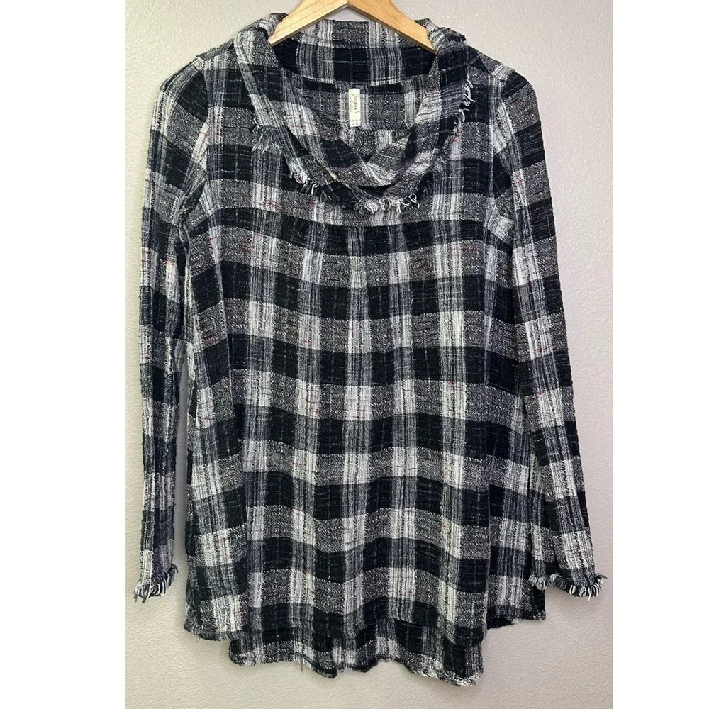 Free People Walk In The Park Black and Gray Plaid Cowl Neck Cotton Top